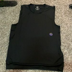 Black, dry fit, Under Armour tank top, reflective details.